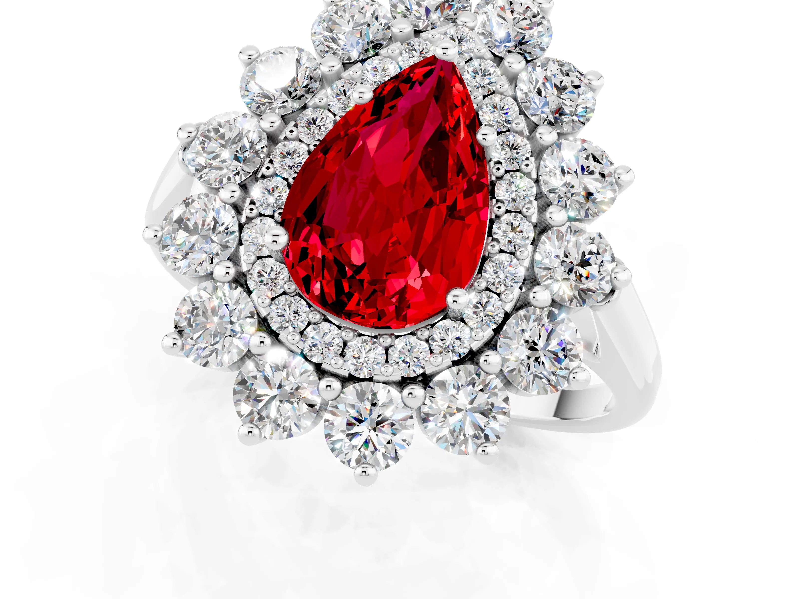 White gold Pear Cut Halo Cluster Diamond Ring with Pave Band and Four-Prong Setting_1