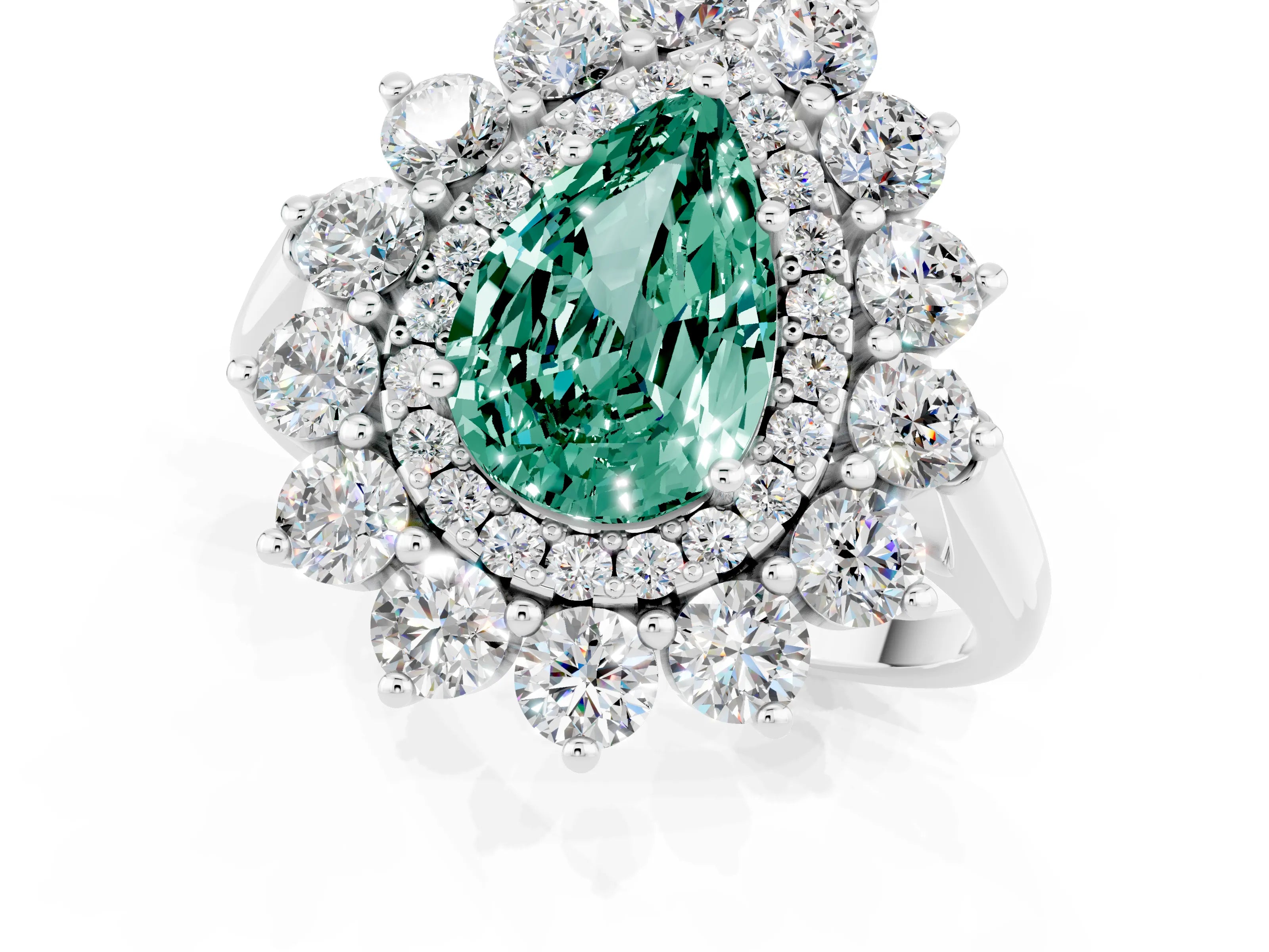 White gold Pear Cut Halo Cluster Diamond Ring with Pave Band and Four-Prong Setting_1