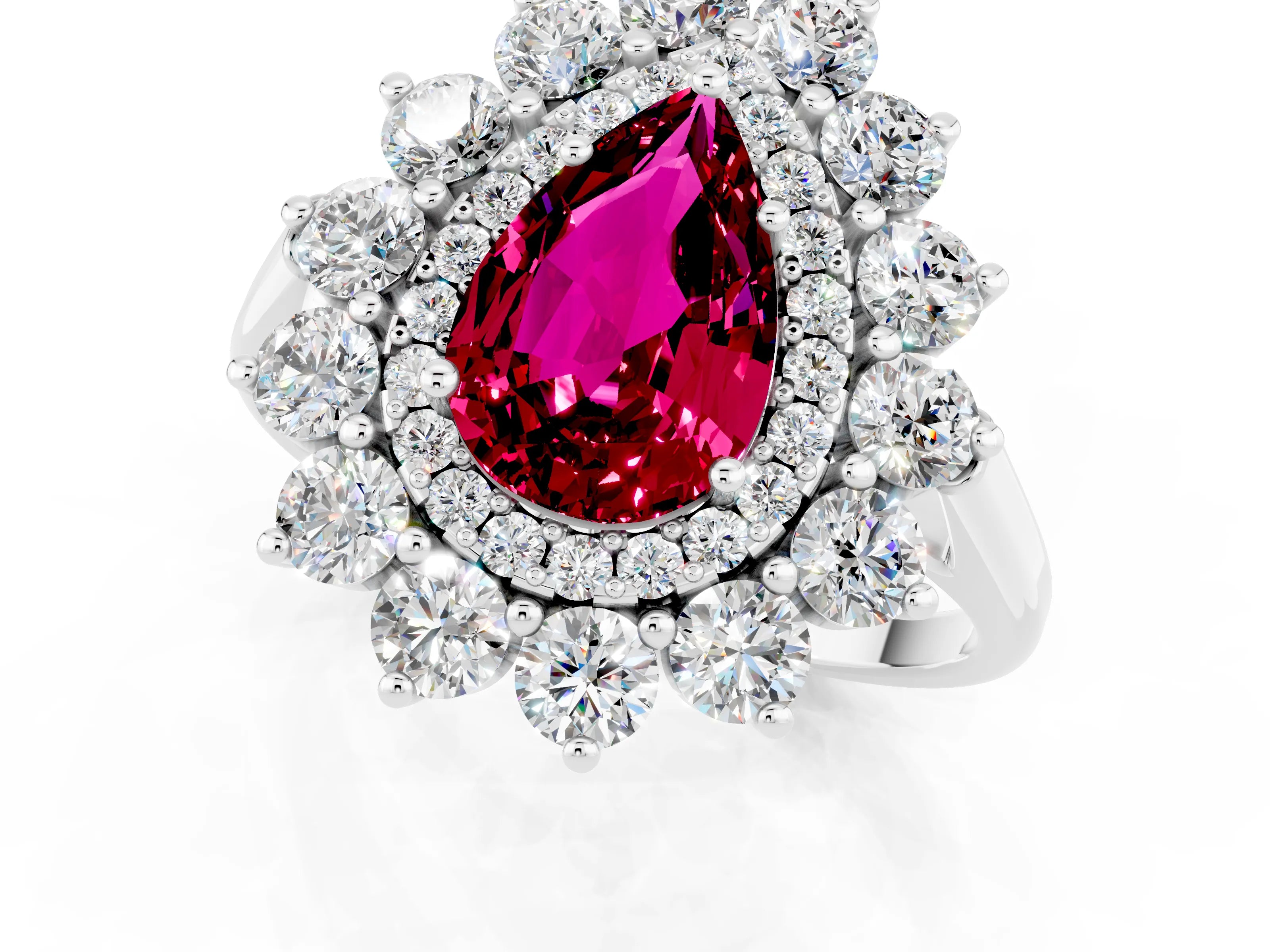White gold Pear Cut Halo Cluster Diamond Ring with Pave Band and Four-Prong Setting_1