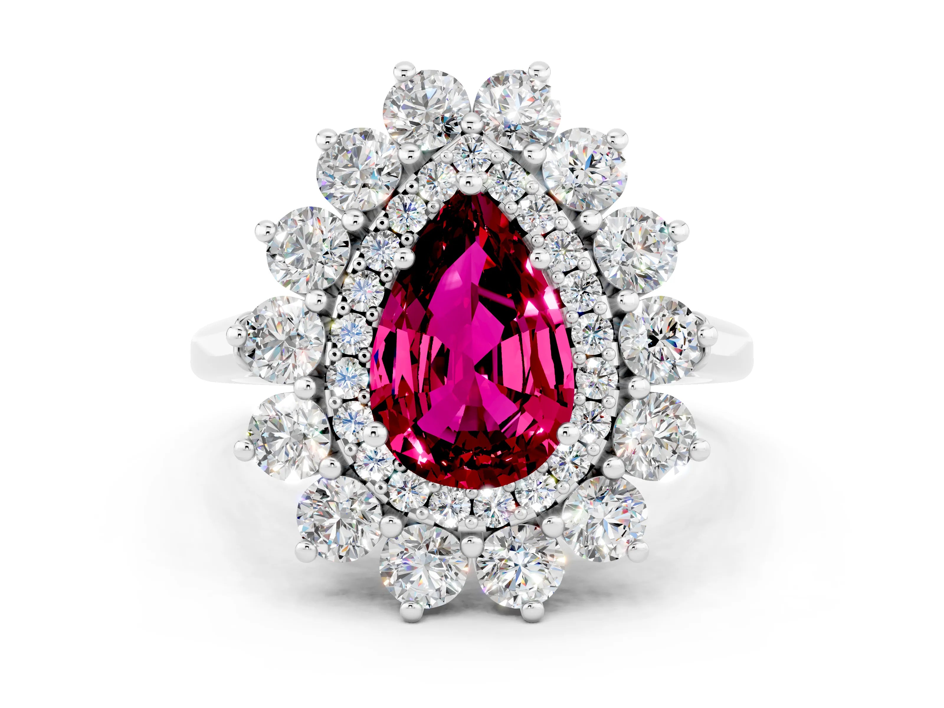 White gold Pear Cut Halo Cluster Diamond Ring with Pave Band and Four-Prong Setting