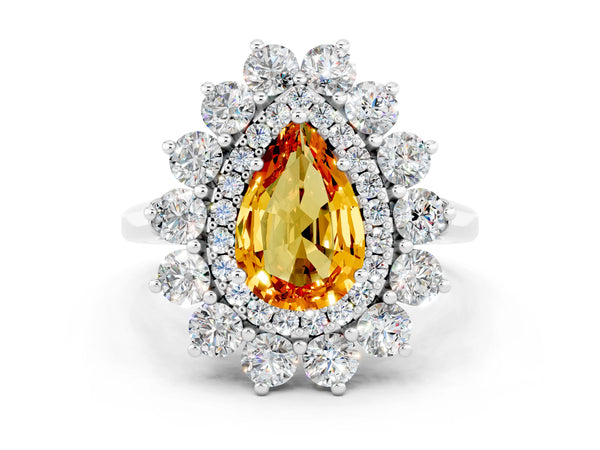 Platinum Pear Cut Citrine Floral Double Halo Engagement Ring with Prong Setting