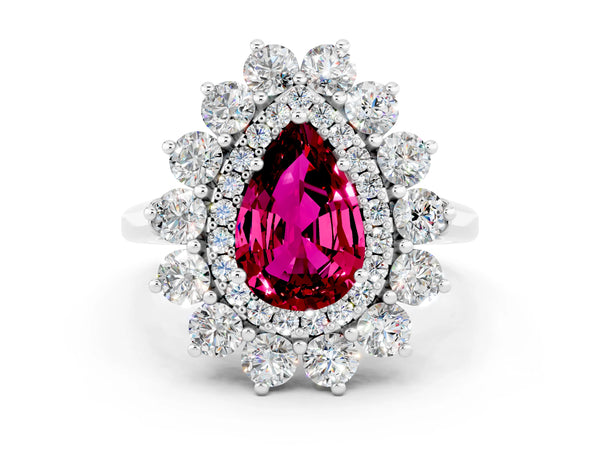 Silver Pear Cut Garnet Floral Double Halo Engagement Ring with Prong Setting