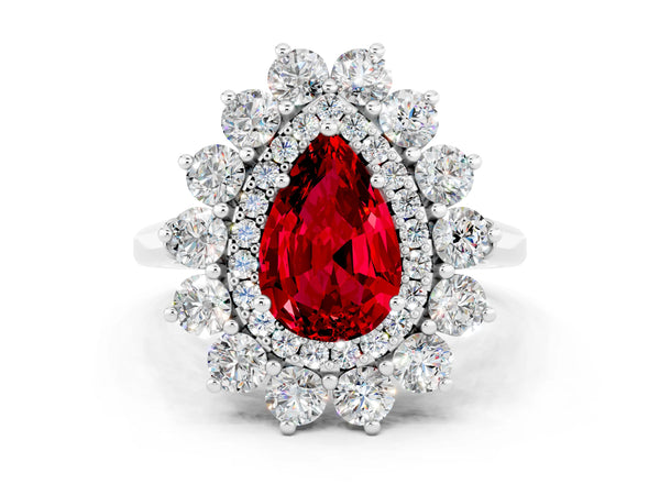 Platinum Pear Cut Ruby Floral Double Halo Engagement Ring with Prong Setting