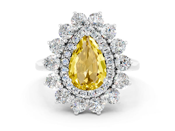 Platinum Pear Cut Yellow Sapphire Floral Double Halo Engagement Ring with Prong Setting