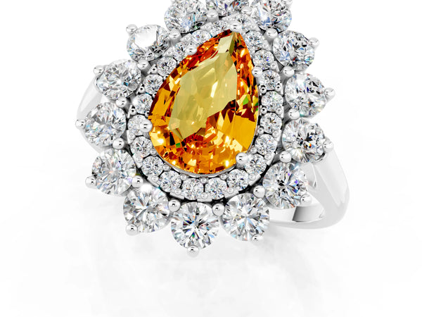 Platinum Pear Cut Citrine Floral Double Halo Engagement Ring with Prong Setting