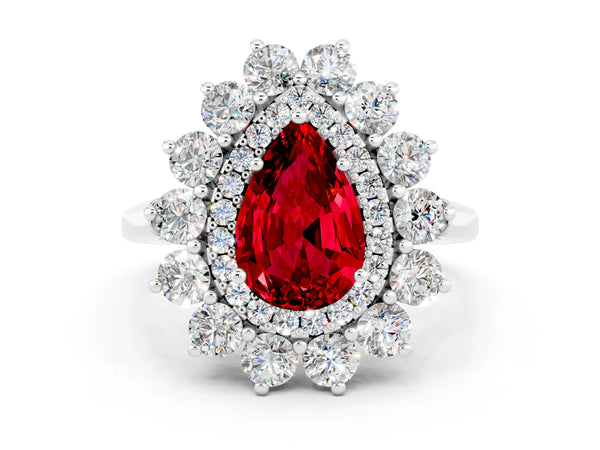 Silver Pear Cut Ruby Floral Double Halo Engagement Ring with Prong Setting