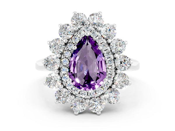 Silver Pear Cut Amethyst Floral Double Halo Engagement Ring with Prong Setting
