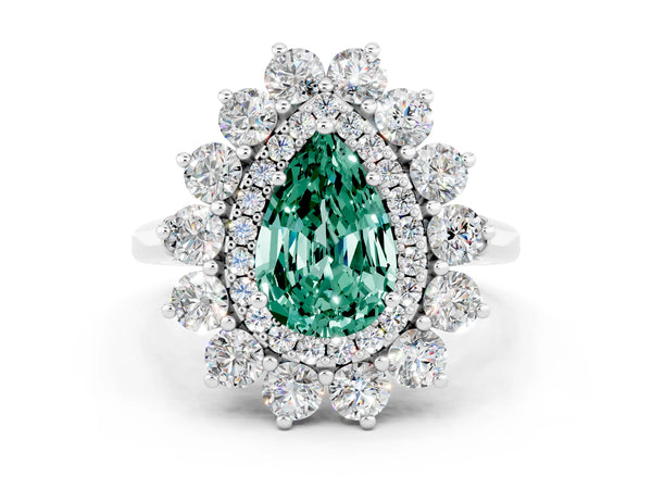 Silver Pear Cut Green Sapphire Floral Double Halo Engagement Ring with Prong Setting