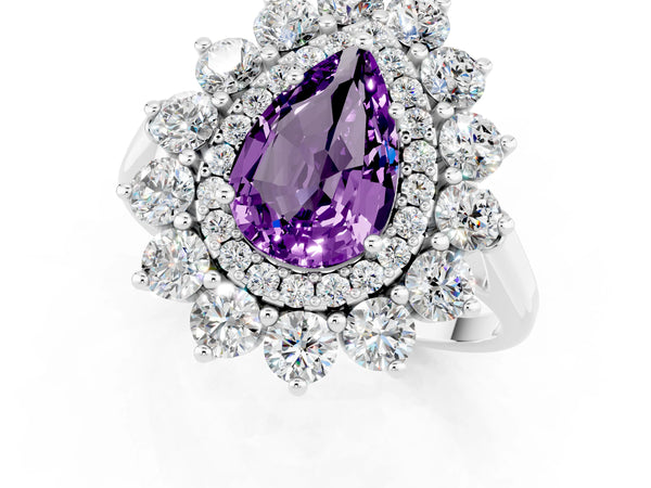 Silver Pear Cut Amethyst Floral Double Halo Engagement Ring with Prong Setting