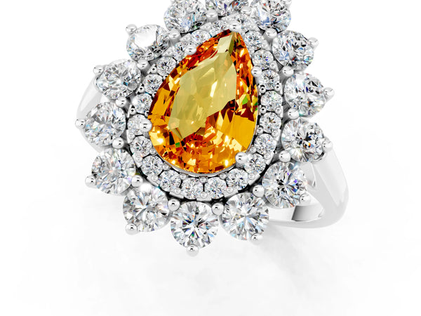 White gold Pear Cut Citrine Floral Double Halo Engagement Ring with Prong Setting