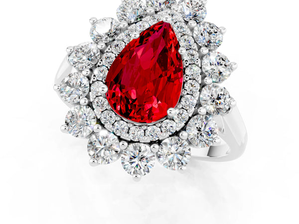 Silver Pear Cut Ruby Floral Double Halo Engagement Ring with Prong Setting