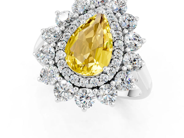 Platinum Pear Cut Yellow Sapphire Floral Double Halo Engagement Ring with Prong Setting