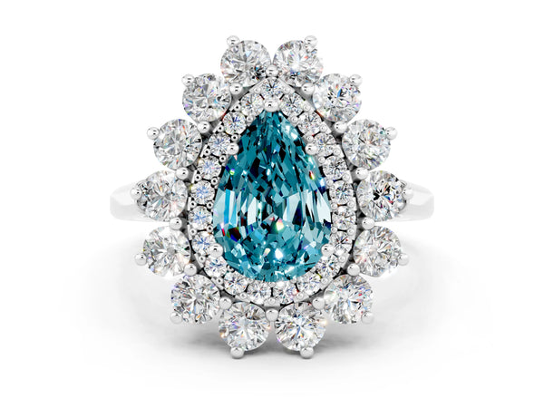 Silver Pear Cut Blue Topaz Floral Double Halo Engagement Ring with Prong Setting