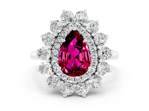 White gold Pear Cut Garnet Floral Double Halo Engagement Ring with Prong Setting