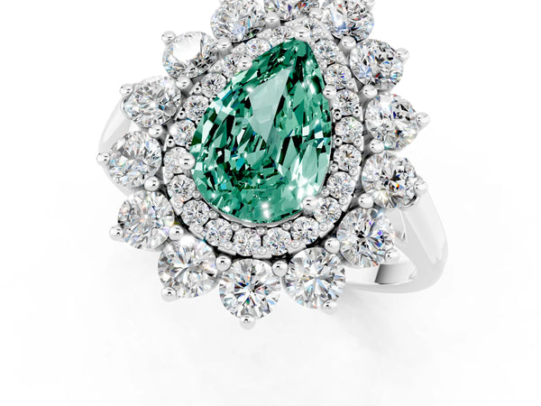 Platinum Pear Cut Green Sapphire Floral Double Halo Engagement Ring with Prong Setting