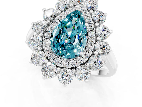 Silver Pear Cut Blue Topaz Floral Double Halo Engagement Ring with Prong Setting