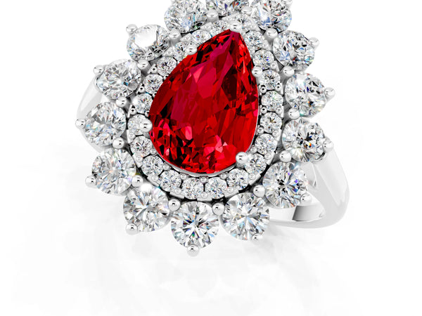 Silver Pear Cut Ruby Floral Double Halo Engagement Ring with Prong Setting