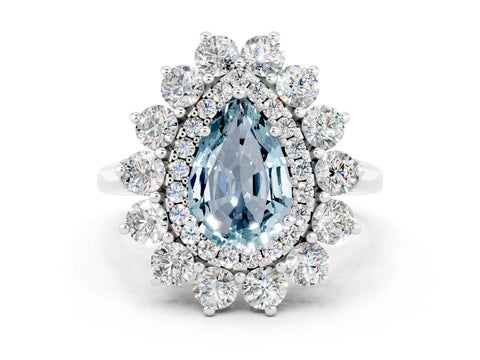 White gold Pear Cut Halo Cluster Diamond Ring with Pave Band and Four-Prong Setting