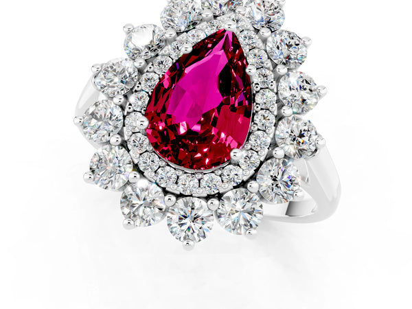 White gold Pear Cut Garnet Floral Double Halo Engagement Ring with Prong Setting