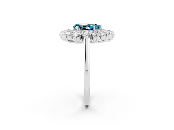 White gold Pear Cut Halo Cluster Diamond Ring with Pave Band and Four-Prong Setting