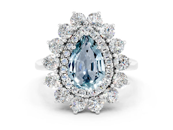 Platinum Pear Cut Aquamarine Floral Double Halo Engagement Ring with Prong Setting