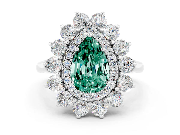 Platinum Pear Cut Halo Cluster Diamond Ring with Pave Band and Four-Prong Setting