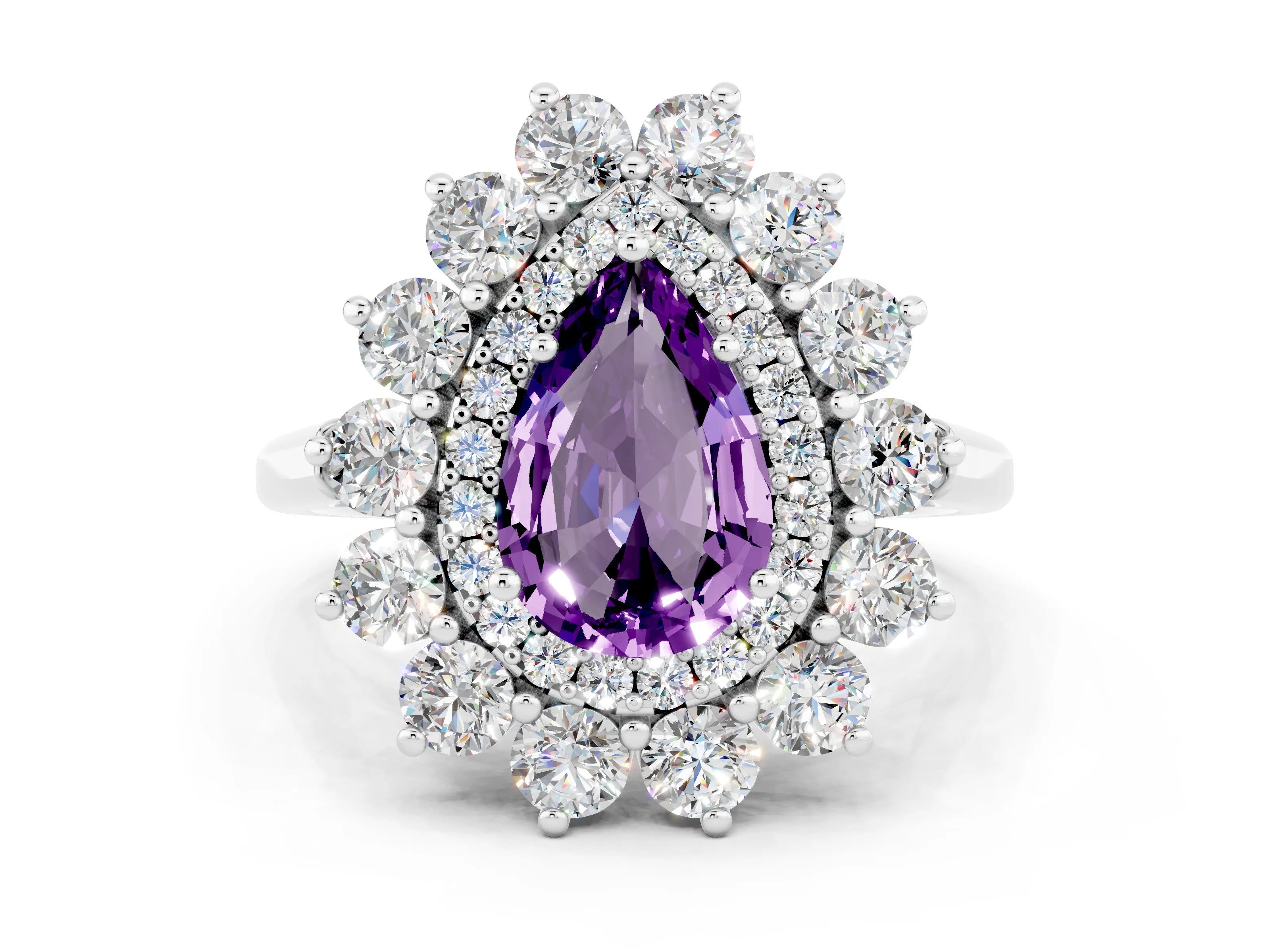 White gold Pear Cut Halo Cluster Diamond Ring with Pave Band and Four-Prong Setting_36