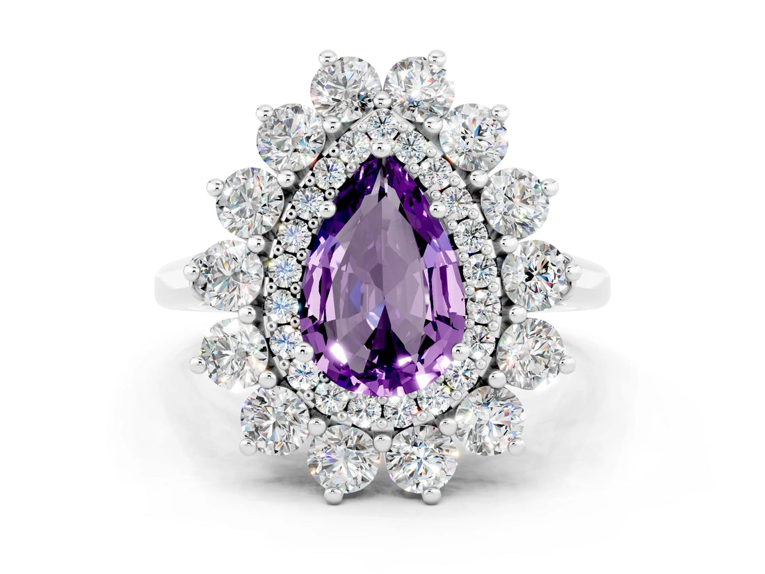 White gold Pear Cut Halo Cluster Diamond Ring with Pave Band and Four-Prong Setting_36