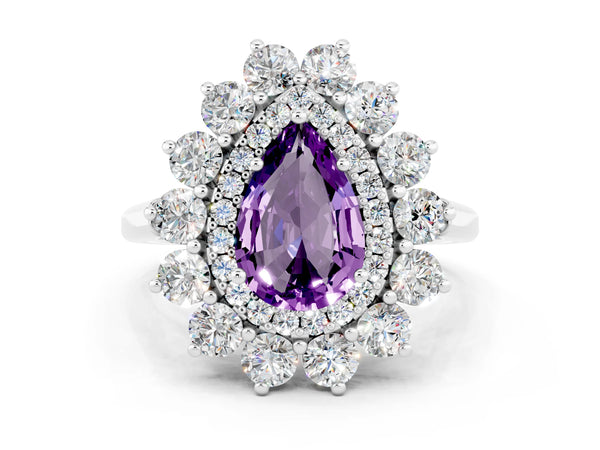 Platinum Pear Cut Amethyst Floral Double Halo Engagement Ring with Prong Setting
