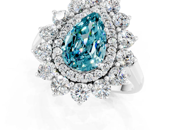 Platinum Pear Cut Halo Cluster Diamond Ring with Pave Band and Four-Prong Setting