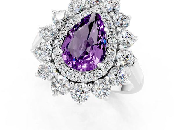 Silver Pear Cut Amethyst Floral Double Halo Engagement Ring with Prong Setting