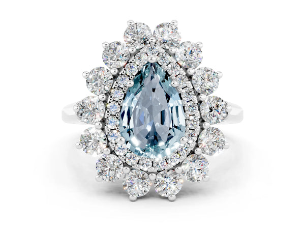 Platinum Pear Cut Aquamarine Floral Double Halo Engagement Ring with Prong Setting