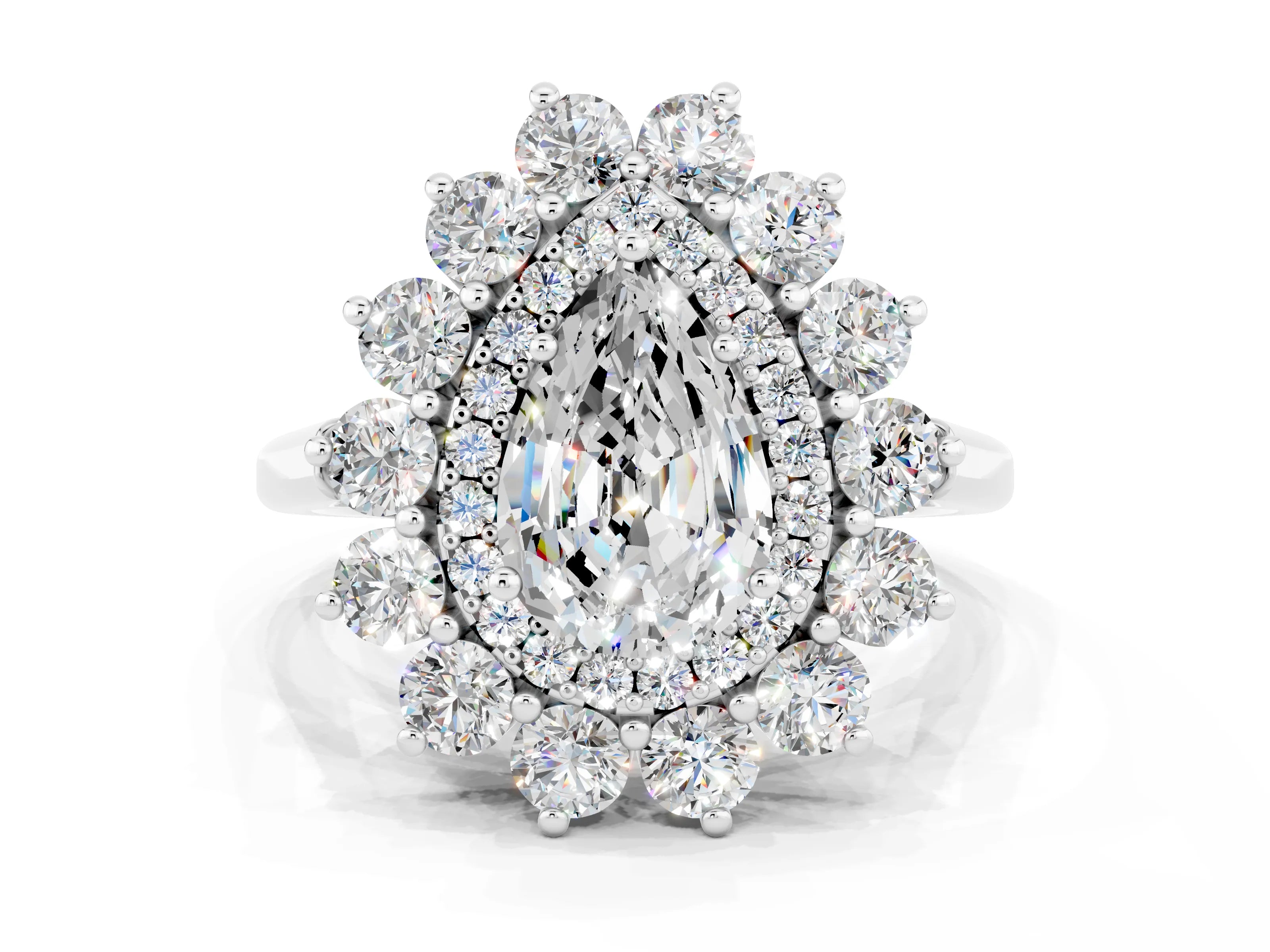 White gold Pear Cut Halo Cluster Diamond Ring with Pave Band and Four-Prong Setting