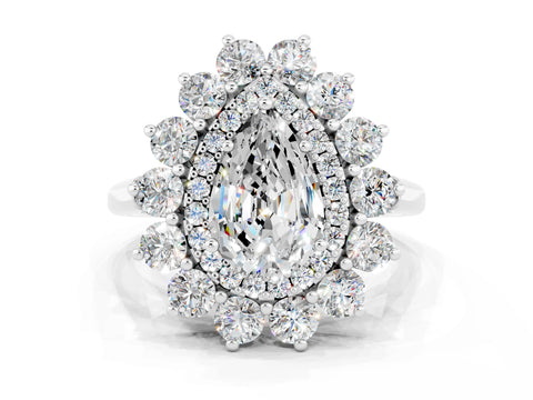 White gold Pear Cut Halo Cluster Diamond Ring with Pave Band and Four-Prong Setting