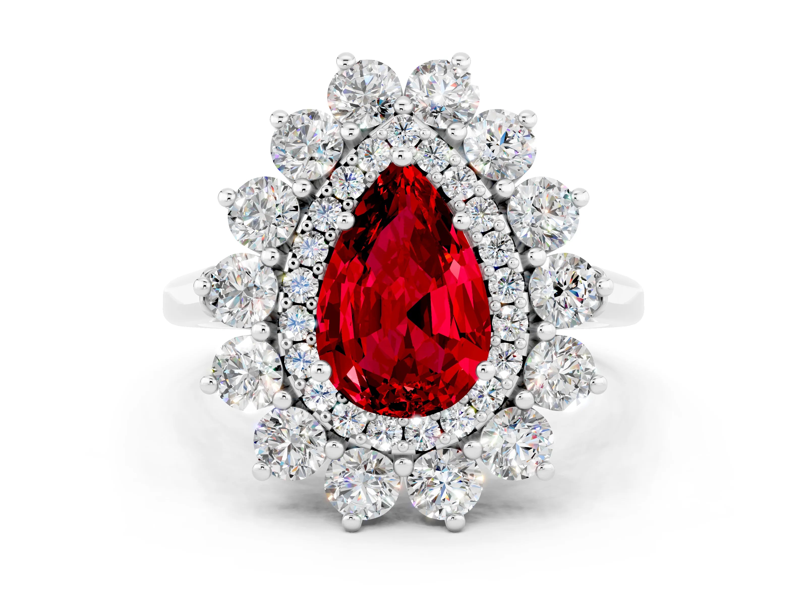 White gold Pear Cut Halo Cluster Diamond Ring with Pave Band and Four-Prong Setting