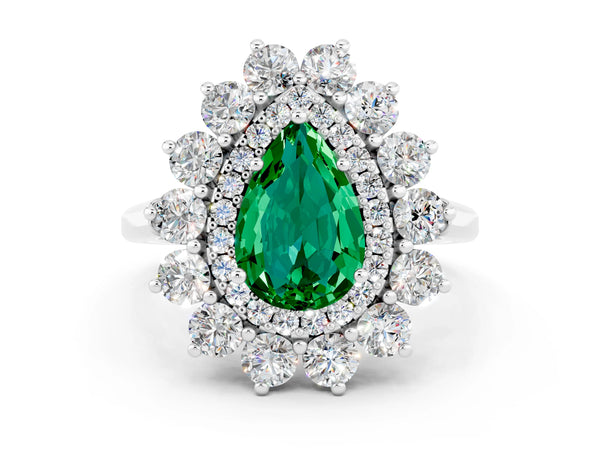 White gold Pear Cut Emerald Floral Double Halo Engagement Ring with Prong Setting