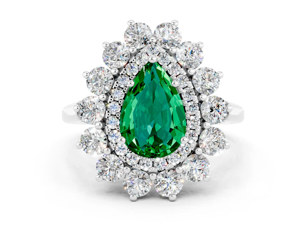 Silver Pear Cut Emerald Floral Double Halo Engagement Ring with Prong Setting