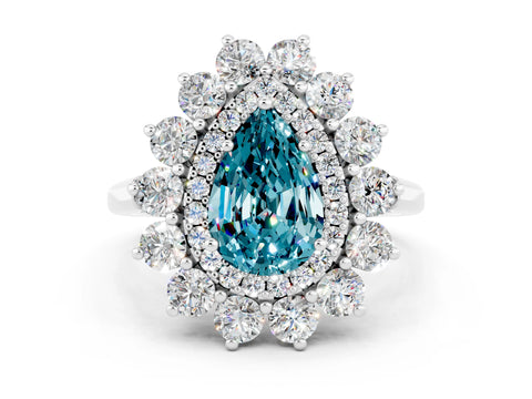 White gold Pear Cut Halo Cluster Diamond Ring with Pave Band and Four-Prong Setting