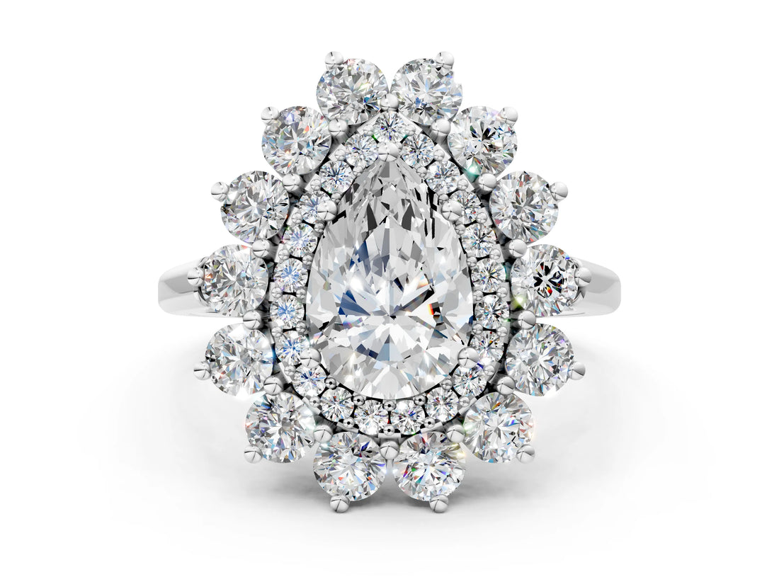 White gold Pear Cut Halo Cluster Diamond Ring with Pave Band and Four-Prong Setting_7