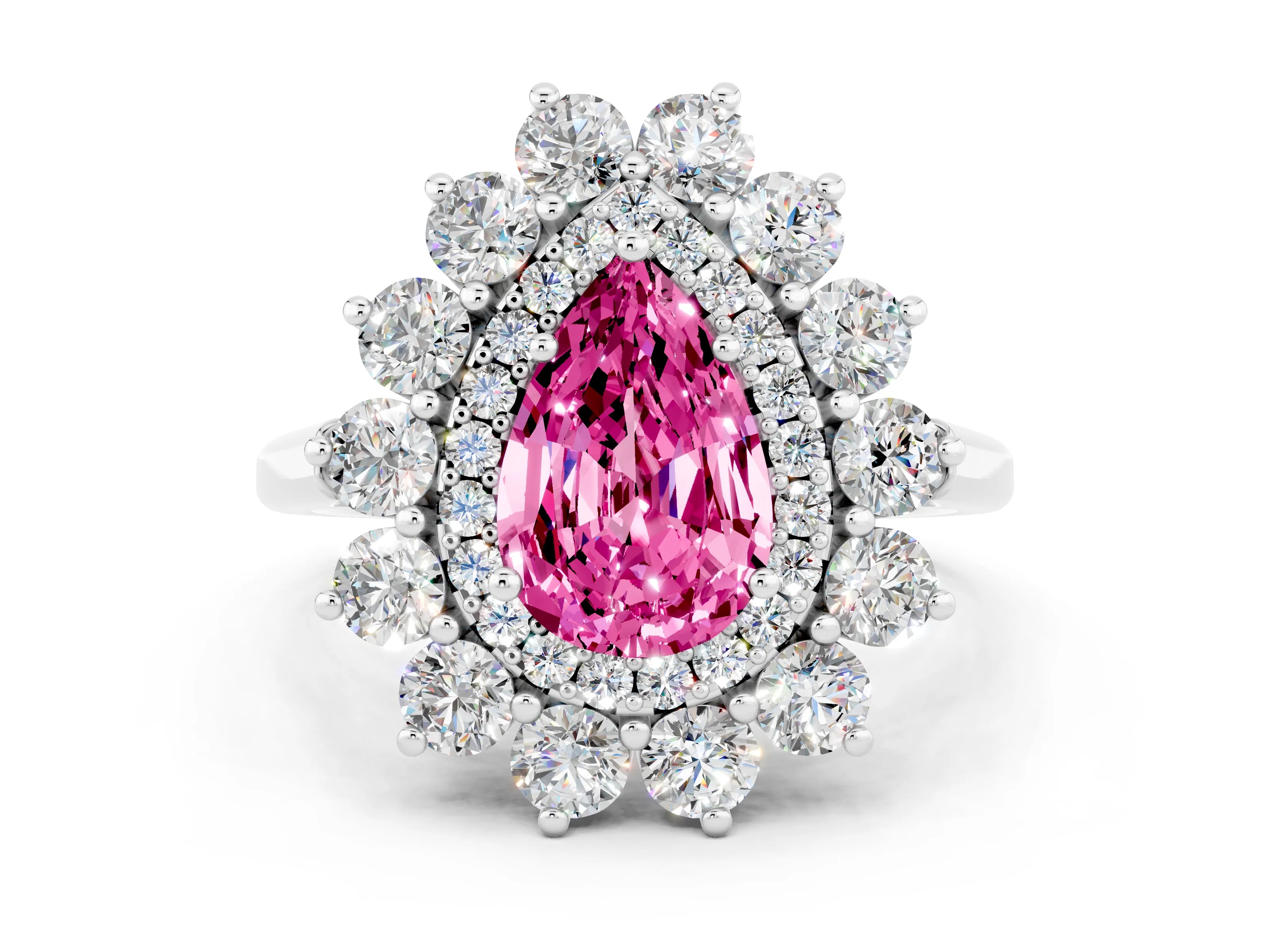 White gold Pear Cut Halo Cluster Diamond Ring with Pave Band and Four-Prong Setting