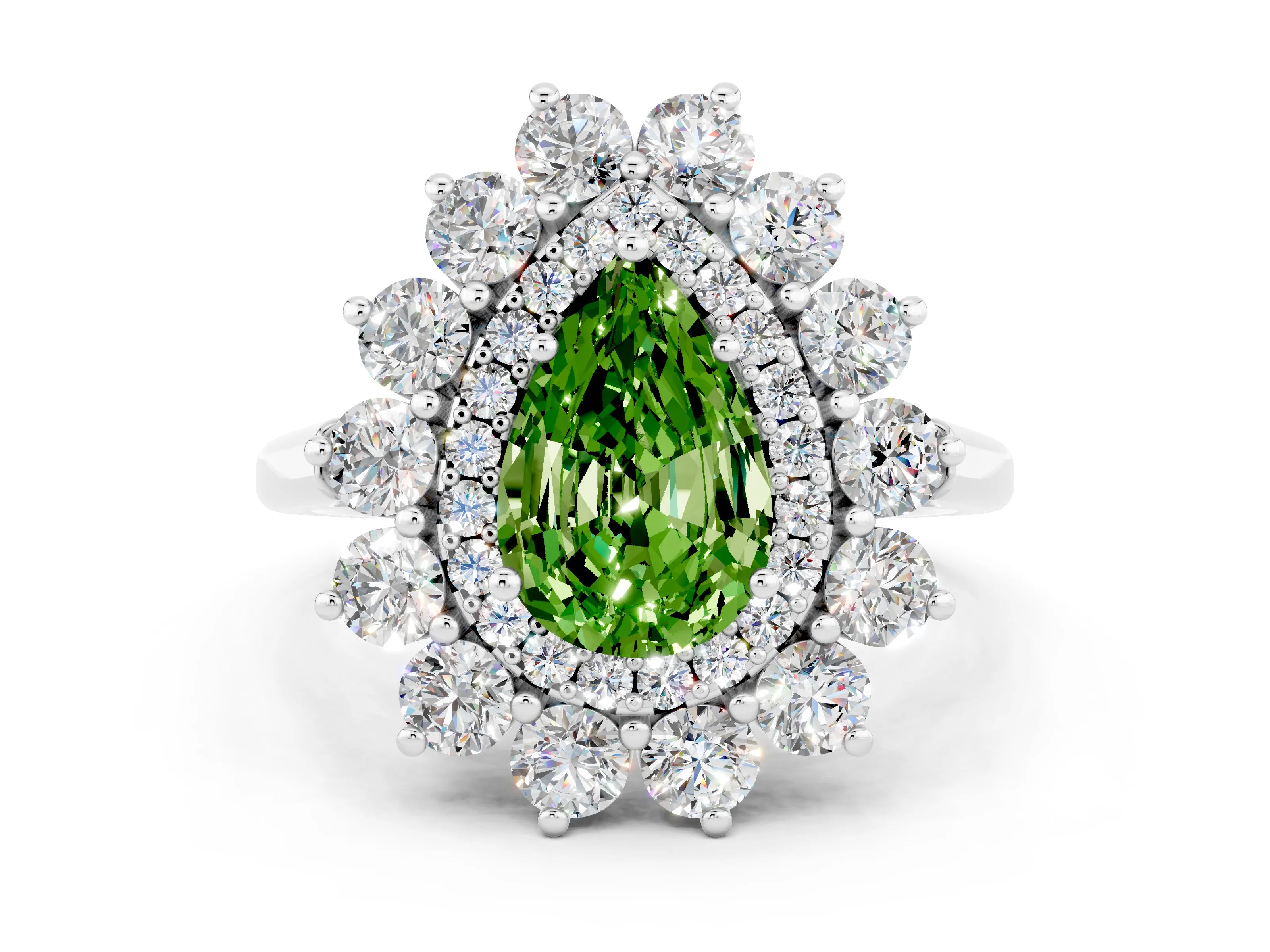 White gold Pear Cut Halo Cluster Diamond Ring with Pave Band and Four-Prong Setting