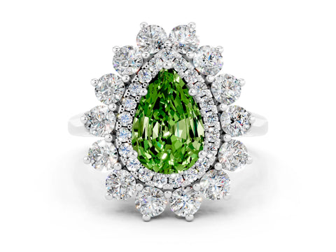 White gold Pear Cut Halo Cluster Diamond Ring with Pave Band and Four-Prong Setting