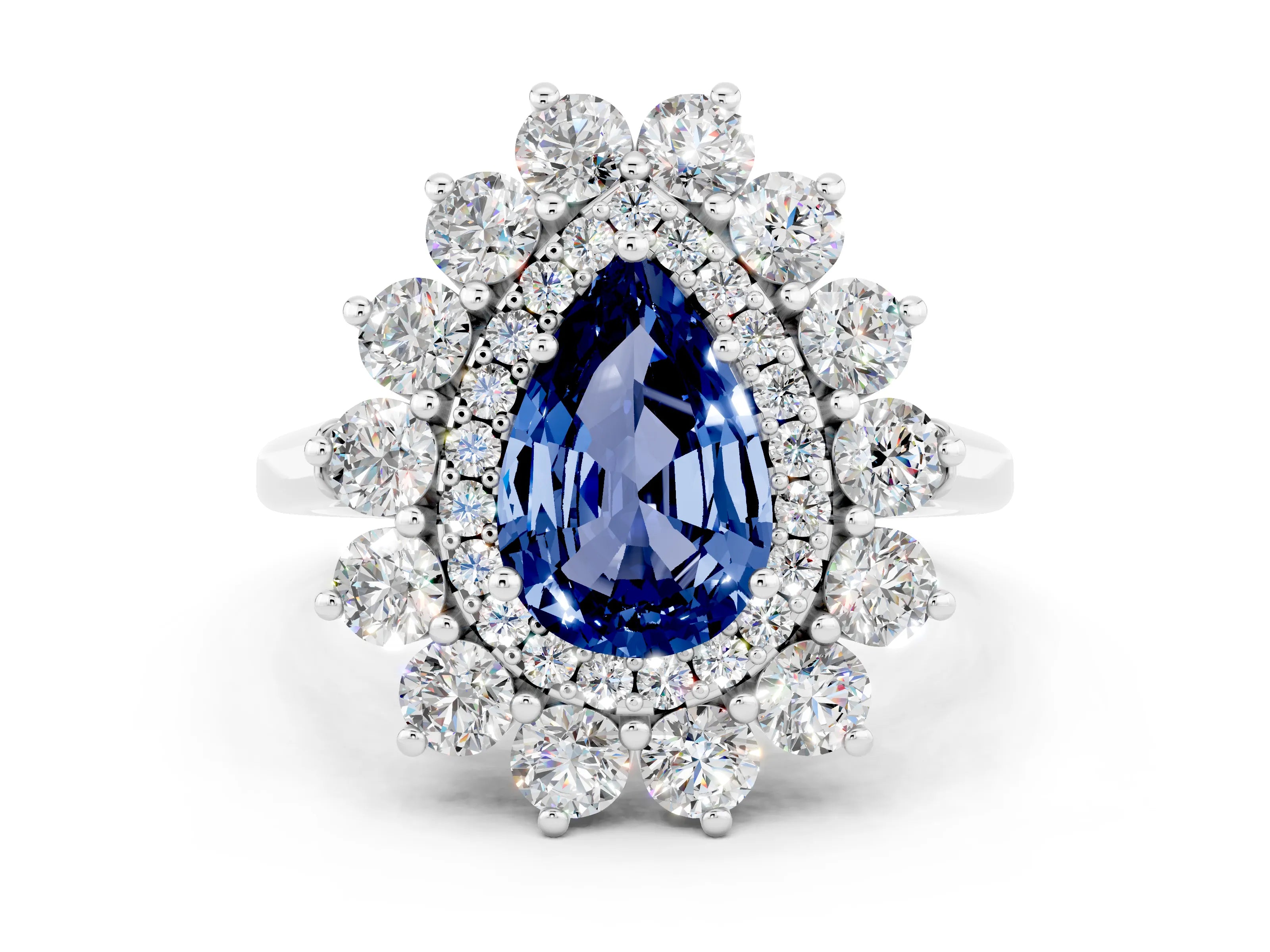 White gold Pear Cut Halo Cluster Diamond Ring with Pave Band and Four-Prong Setting