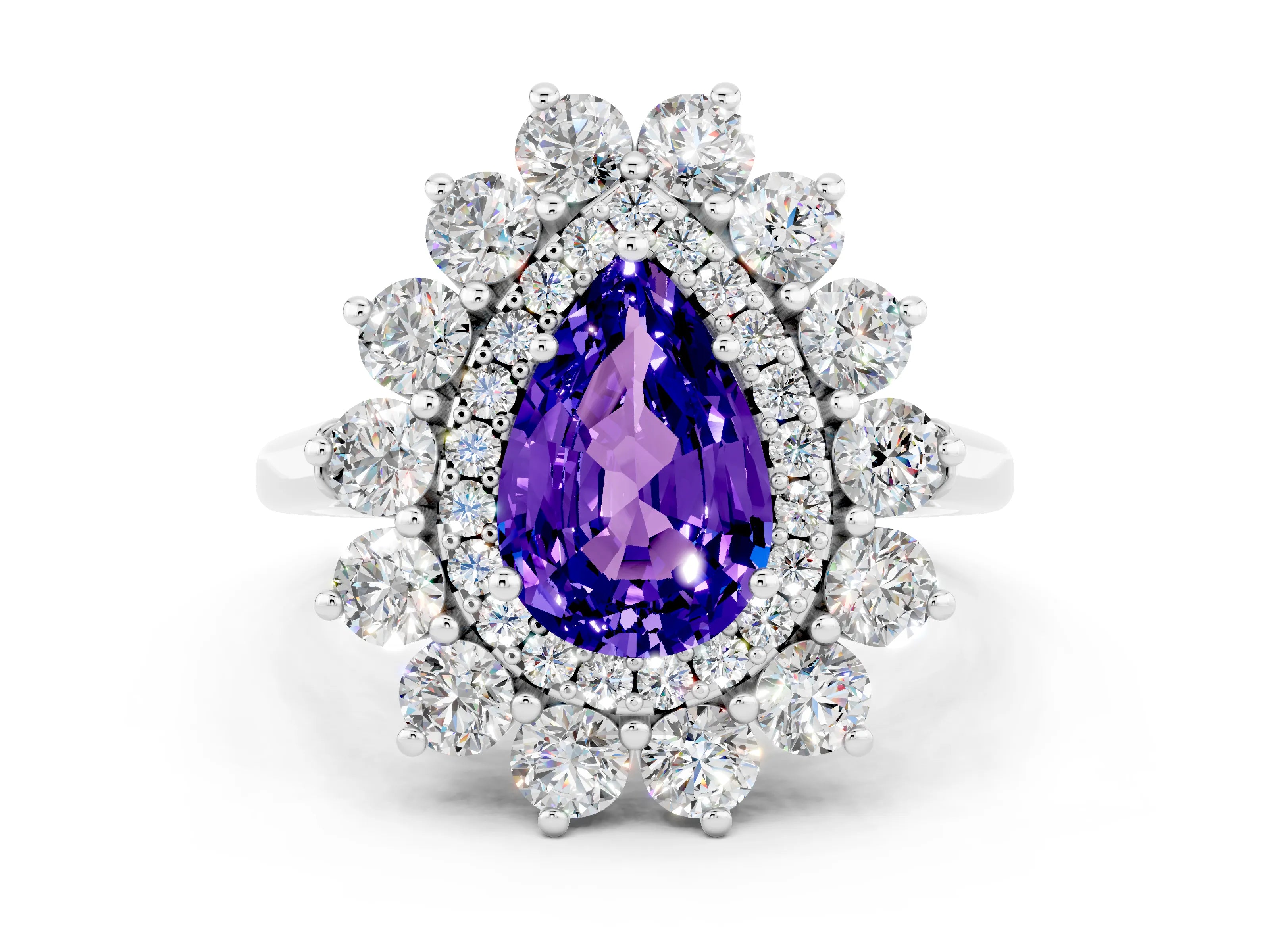 White gold Pear Cut Halo Cluster Diamond Ring with Pave Band and Four-Prong Setting