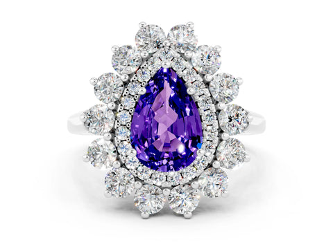 White gold Pear Cut Halo Cluster Diamond Ring with Pave Band and Four-Prong Setting
