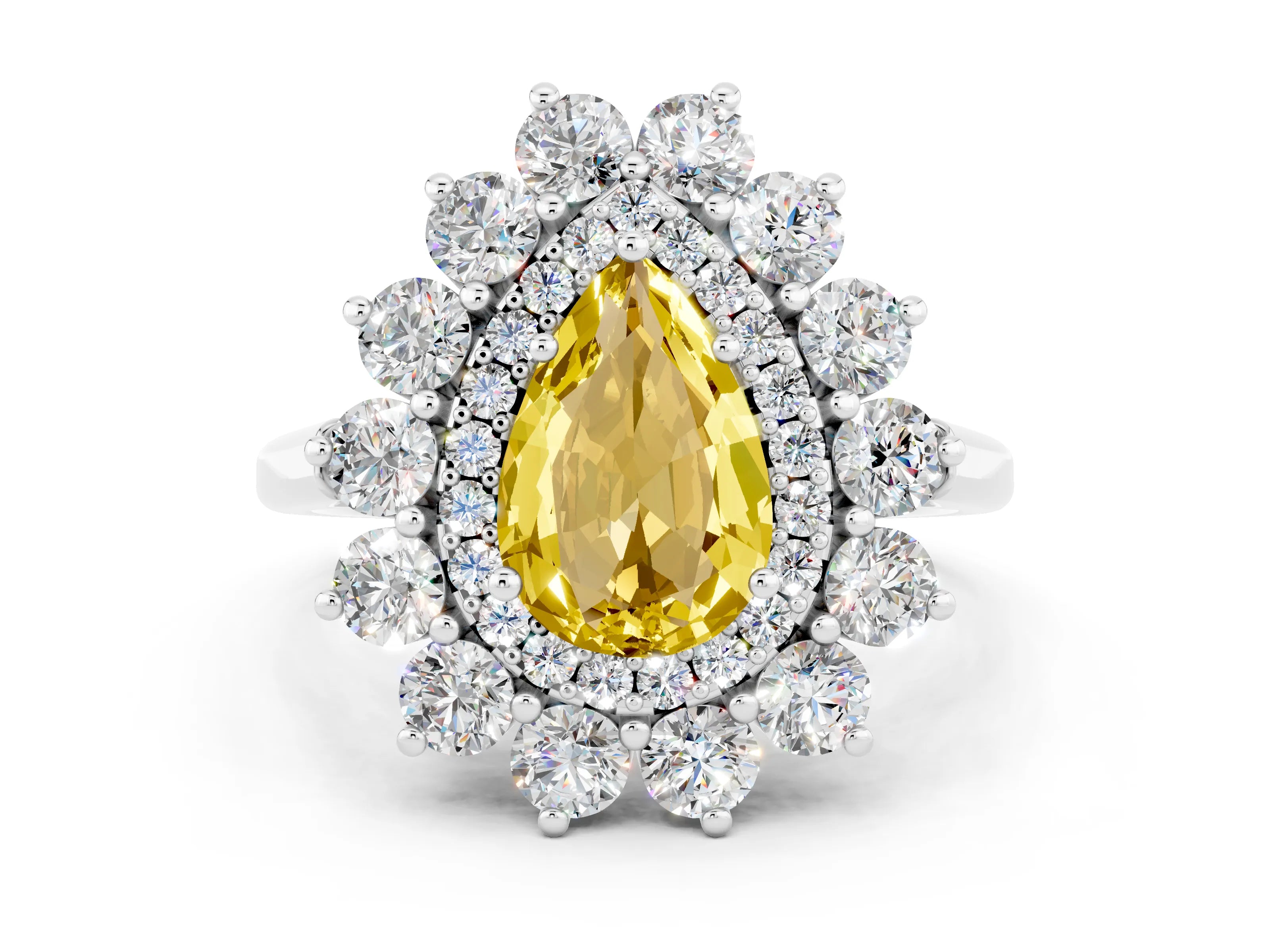 White gold Pear Cut Halo Cluster Diamond Ring with Pave Band and Four-Prong Setting