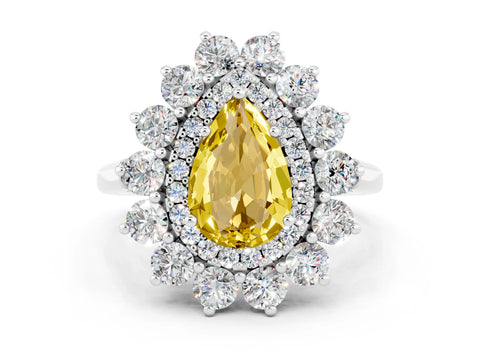White gold Pear Cut Halo Cluster Diamond Ring with Pave Band and Four-Prong Setting