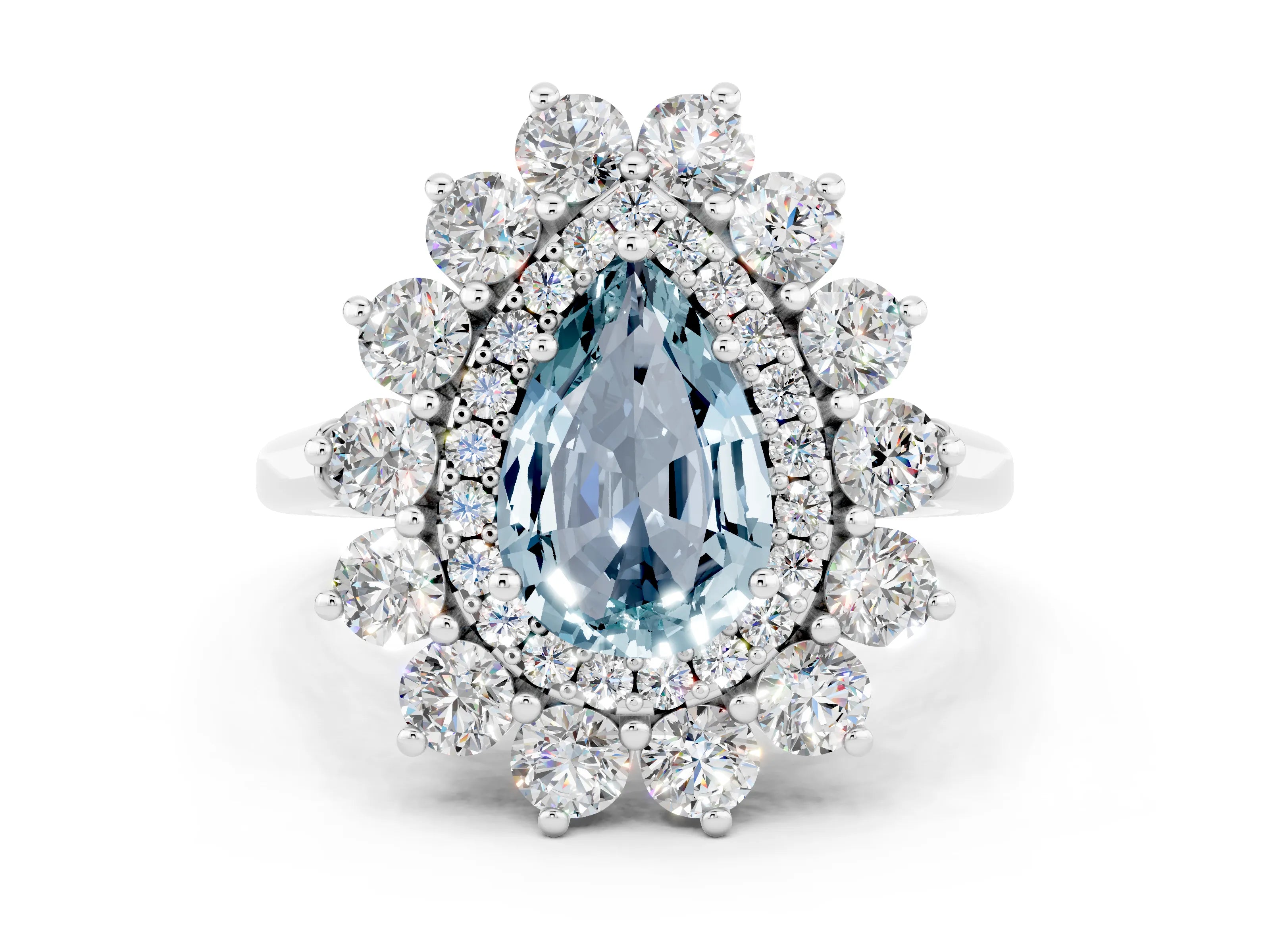 White gold Pear Cut Halo Cluster Diamond Ring with Pave Band and Four-Prong Setting