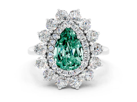 White gold Pear Cut Halo Cluster Diamond Ring with Pave Band and Four-Prong Setting