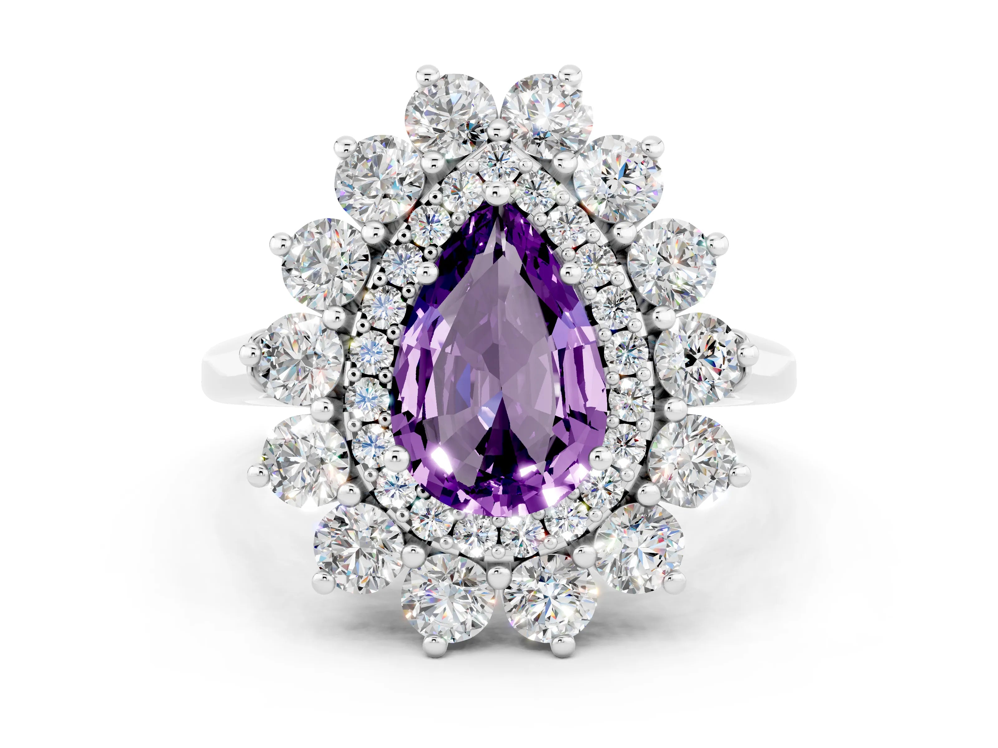 White gold Pear Cut Halo Cluster Diamond Ring with Pave Band and Four-Prong Setting